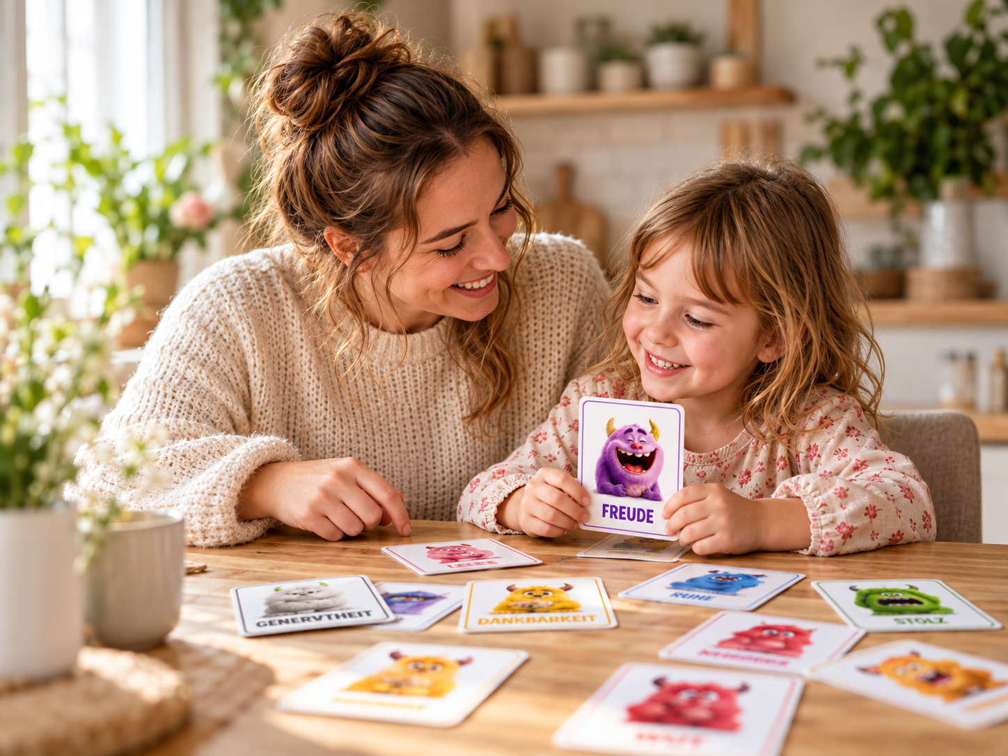 Illustrative Szene: Mutter und Kind entdecken gemeinsam Gefühlskarten